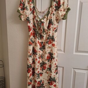 Cider Cream Floral Midi Dress with Red and Green